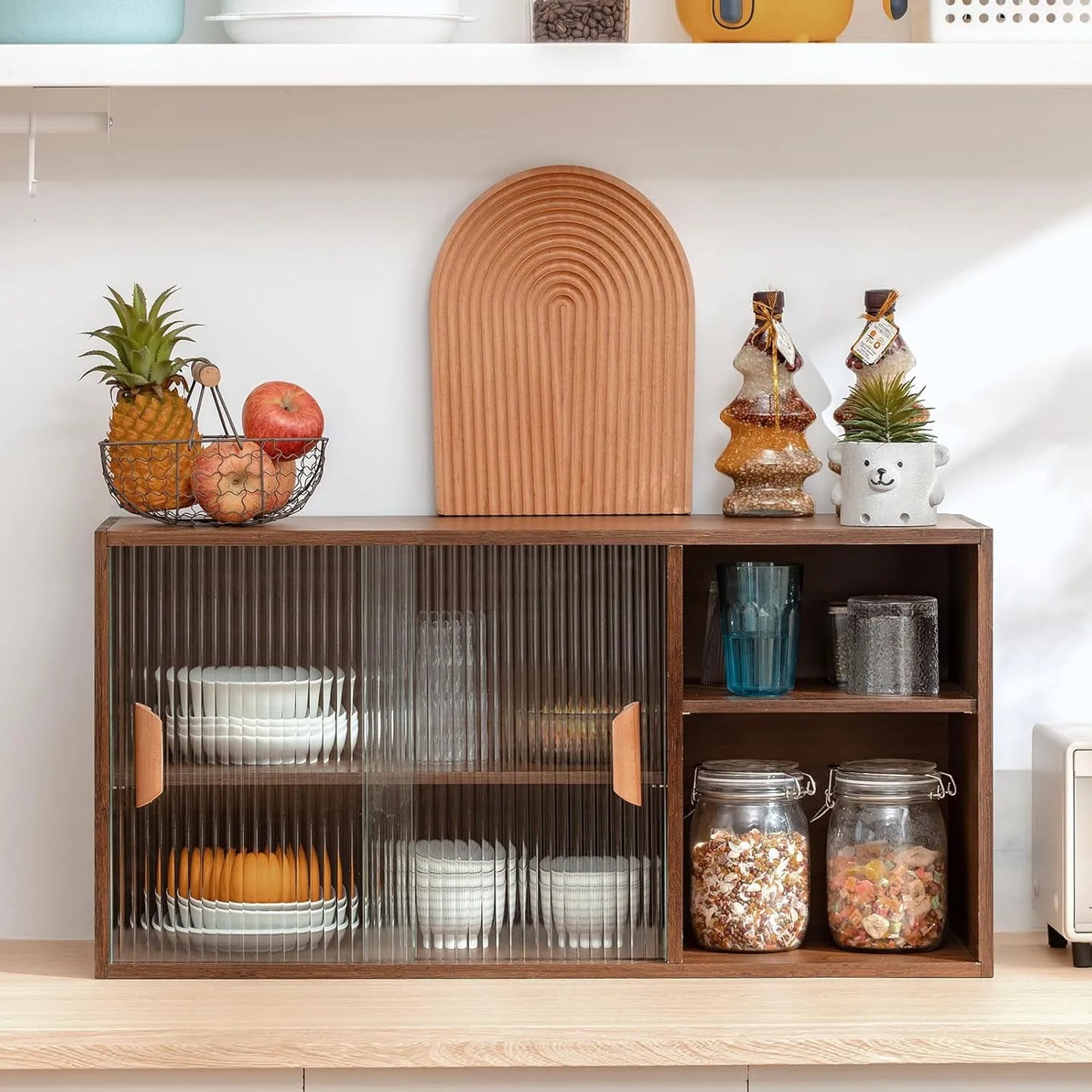 Wall Mounted Kitchen Cabinet With Sliding Glass Doors And Open Shelves