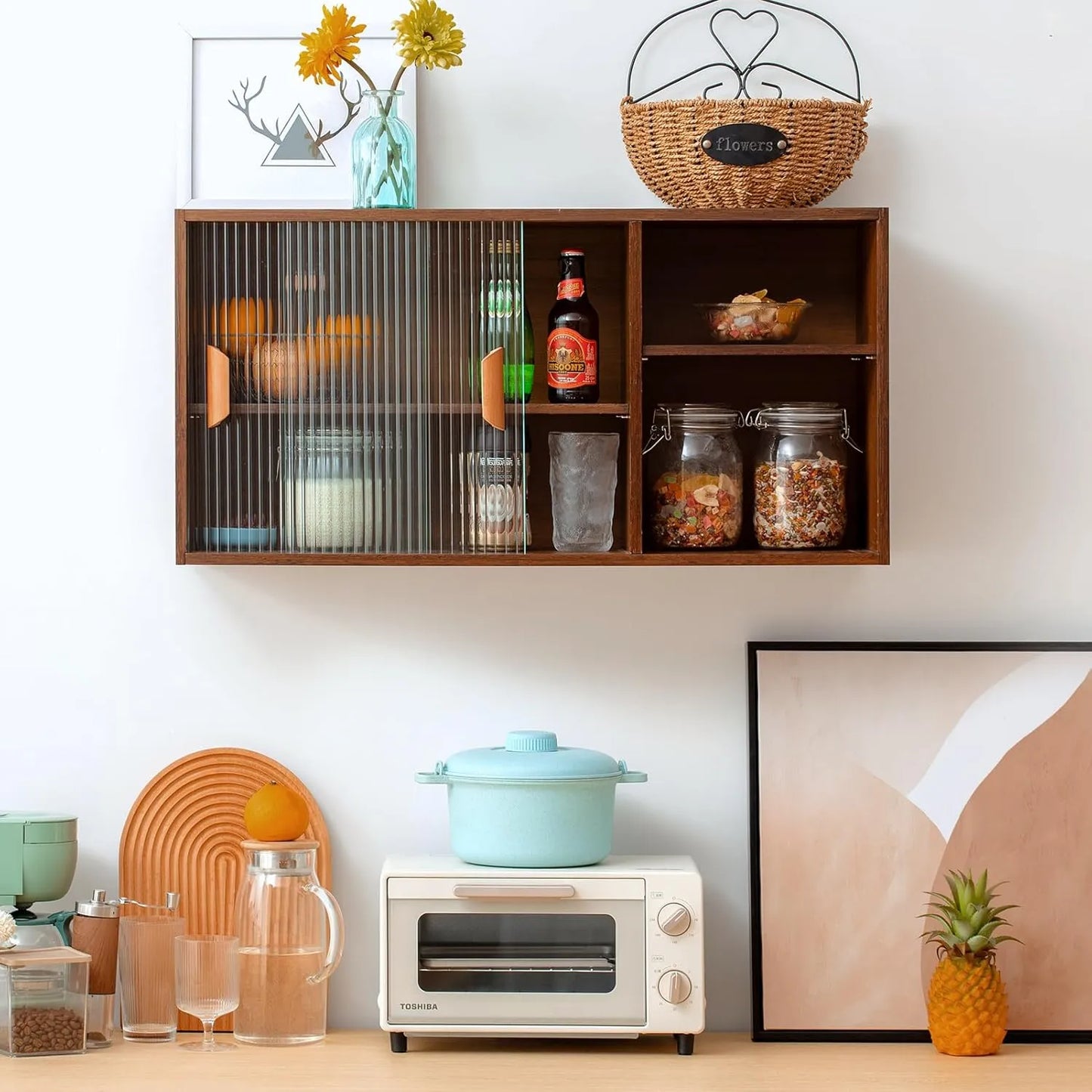 Wall Mounted Kitchen Cabinet With Sliding Glass Doors And Open Shelves