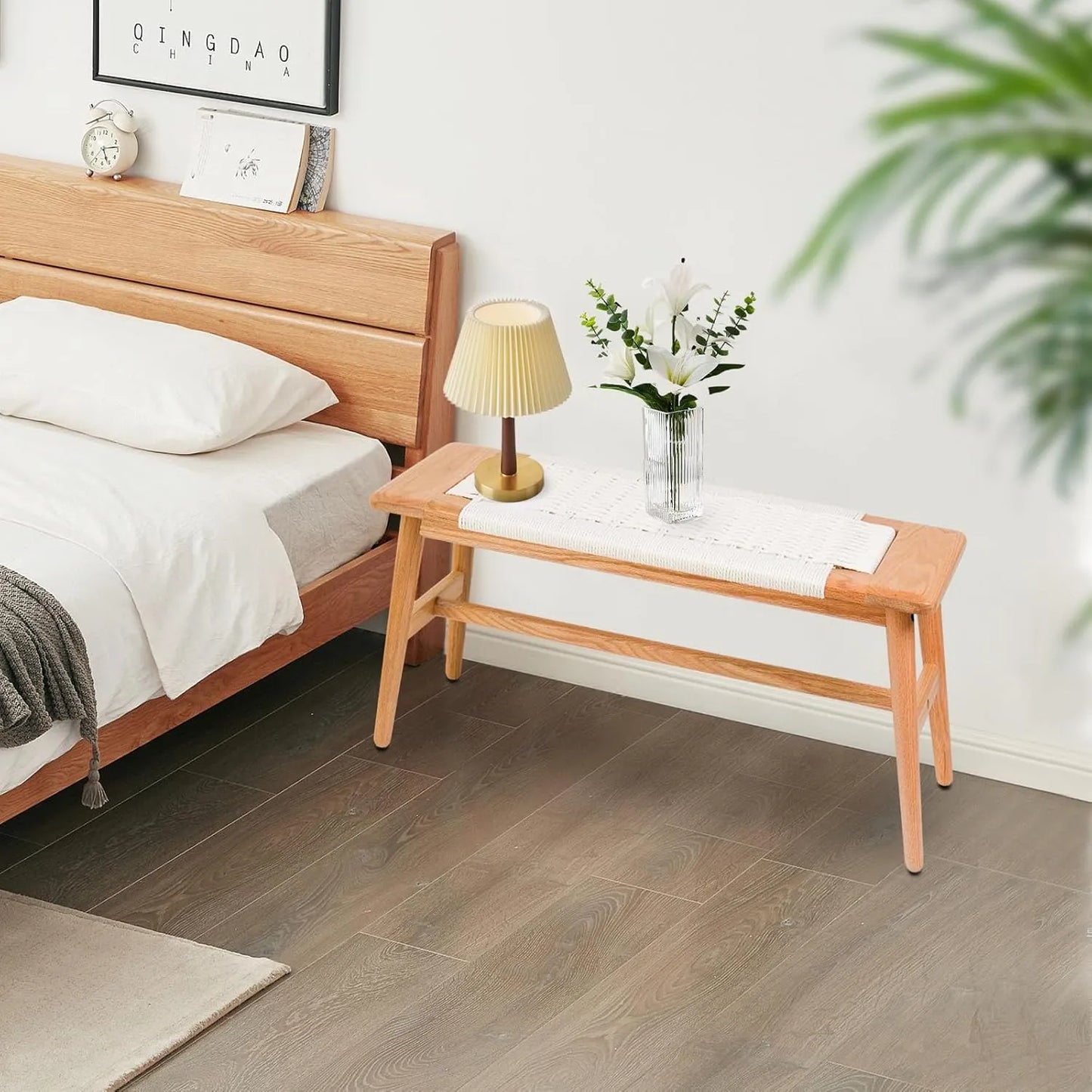 White Oak Bench With Woven Seat For Dining Room Or Entryway