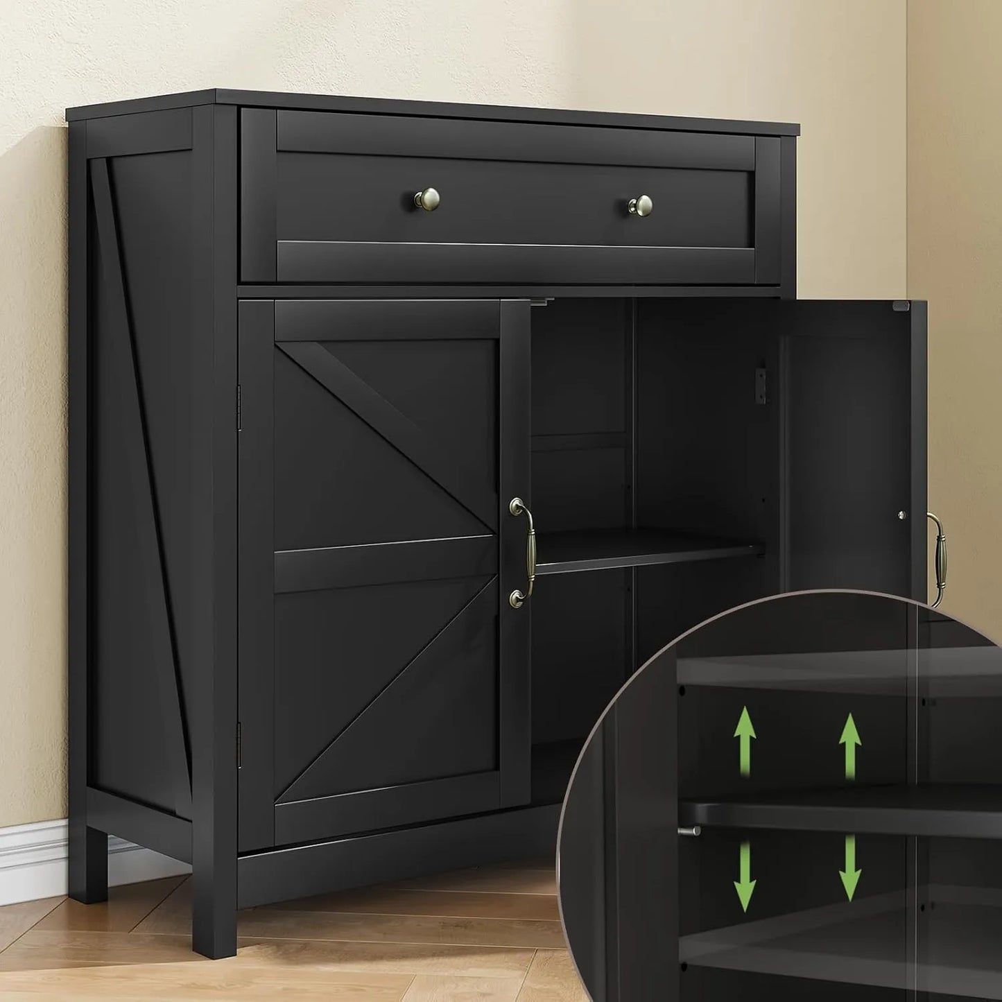 Black Storage Cabinet With Adjustable Shelf And Drawer
