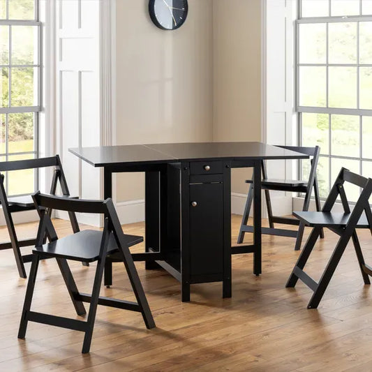 Compact Drop Leaf Dining Table With Built In Storage In Black Finish