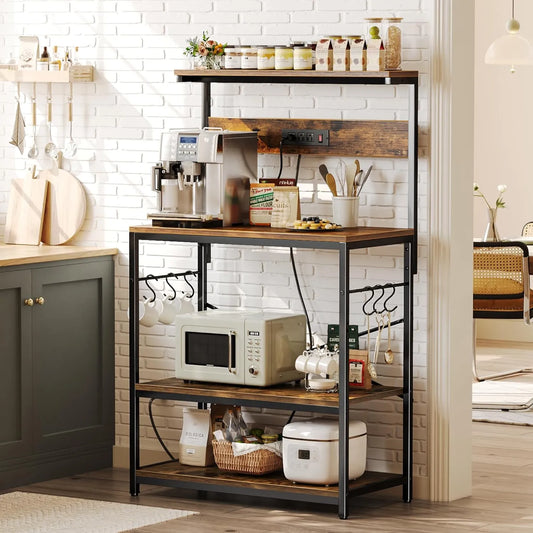 Rustic Brown Kitchen Rack With Power Outlet And Adjustable Shelves