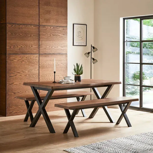 Rustic Dining Table With Benches Wood And Metal Live Edge Set