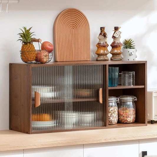 Wall Mounted Kitchen Cabinet With Sliding Glass Doors And Open Shelves