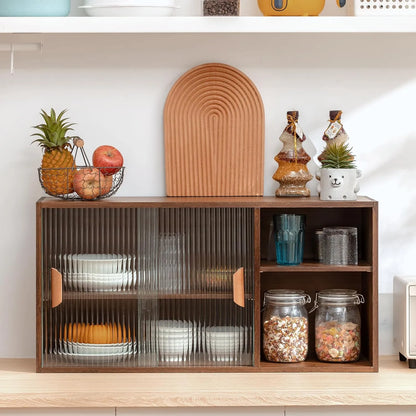 Wall Mounted Kitchen Cabinet With Sliding Glass Doors And Open Shelves