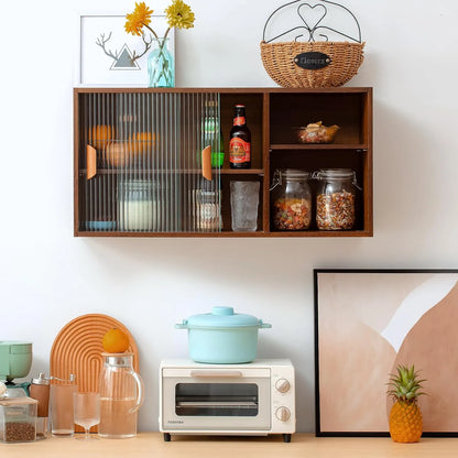 Wall Mounted Kitchen Cabinet With Sliding Glass Doors And Open Shelves