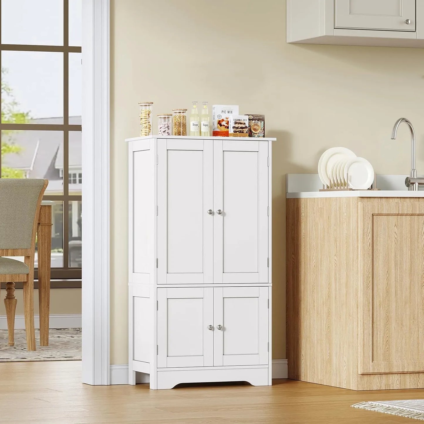 White Freestanding Storage Cabinet With Double Doors And Adjustable Shelves