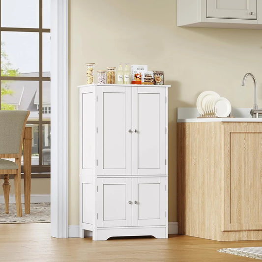 White Freestanding Storage Cabinet With Double Doors And Adjustable Shelves